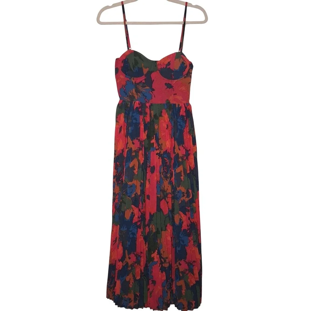 NWT Lulus Dorothy Dark Blue Pink Multi Floral Print Pleated Midi Dress S Bustier